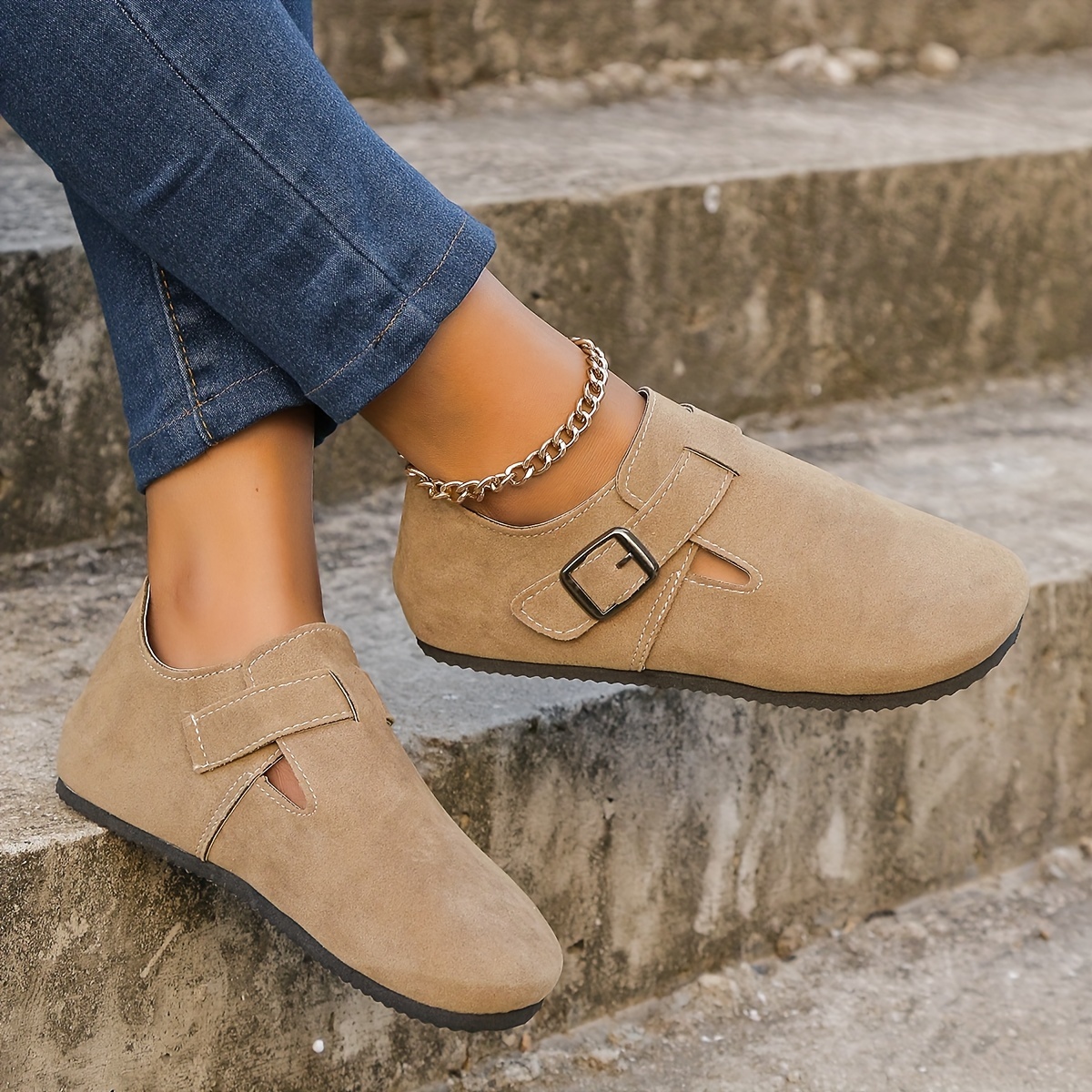 womens solid color flat mules round toe low top wear resistant non slip ankle buckle shoes casual outdoor shoes details 9