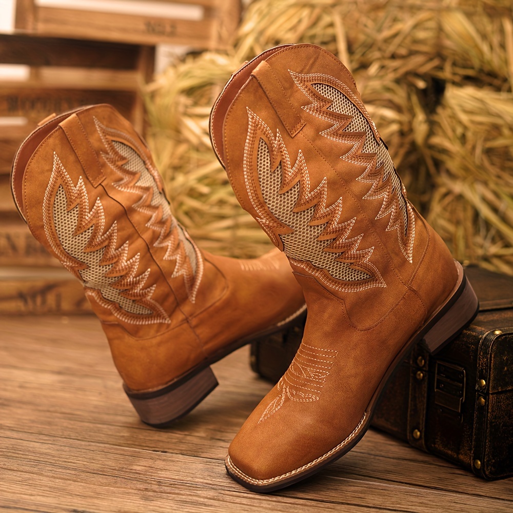 Plus Size Men s Vintage Retro Embroidered Slip On Knee High Top Cowboy Boots, Comfy Non Slip Casual Durable Rubber Sole Riding Shoes, Men s Footwear details 5